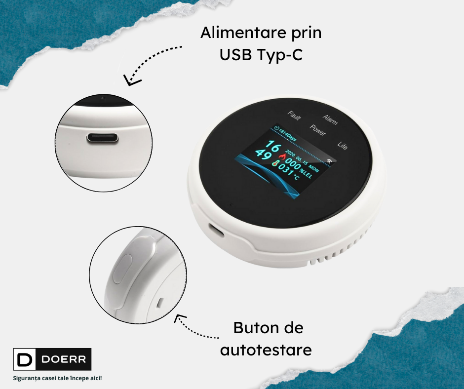 Detector de Gaz, Wireless, Senzor termic integrat, WiFi 2.4 GHz, Control prin Aplicatie, Display LCD, Semnal Luminos si Acustic